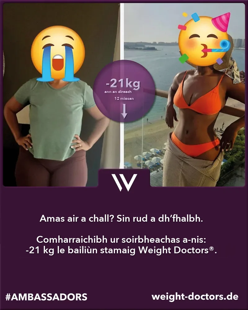 Weight Doctors® ro is às dèidh: euslainteach le 21 kg nas lugha ann an dà mhìos dheug, le Weight Doctors® BAILIÙN STAMAIG (aodainn falaichte)