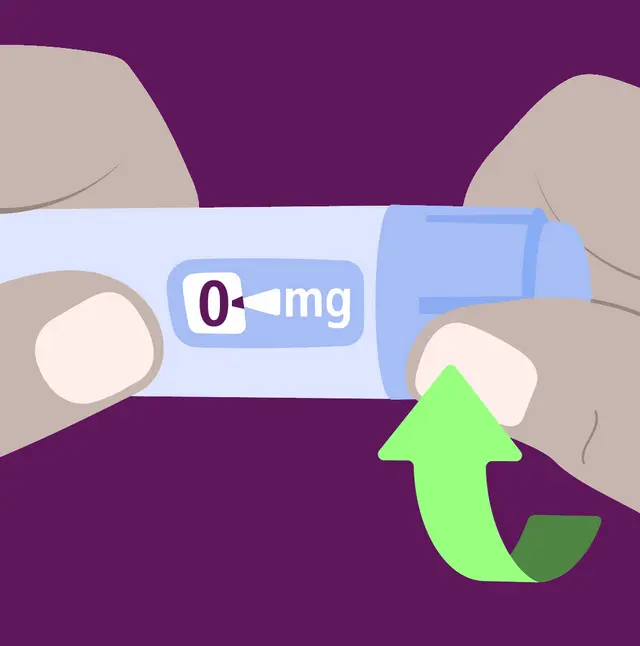Illustration: the dose selector is turned, the display shows 0