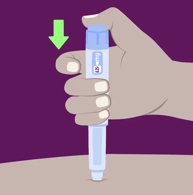 Illustration: the pen is placed upright on the skin and the button is pressed