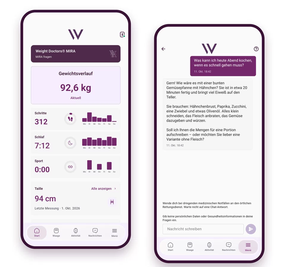 Weight Doctors® App: Startseite mit dem Zugang zu Mira und ein Gespräch, in dem Mira ein schnelles Abendessen vorschlägt