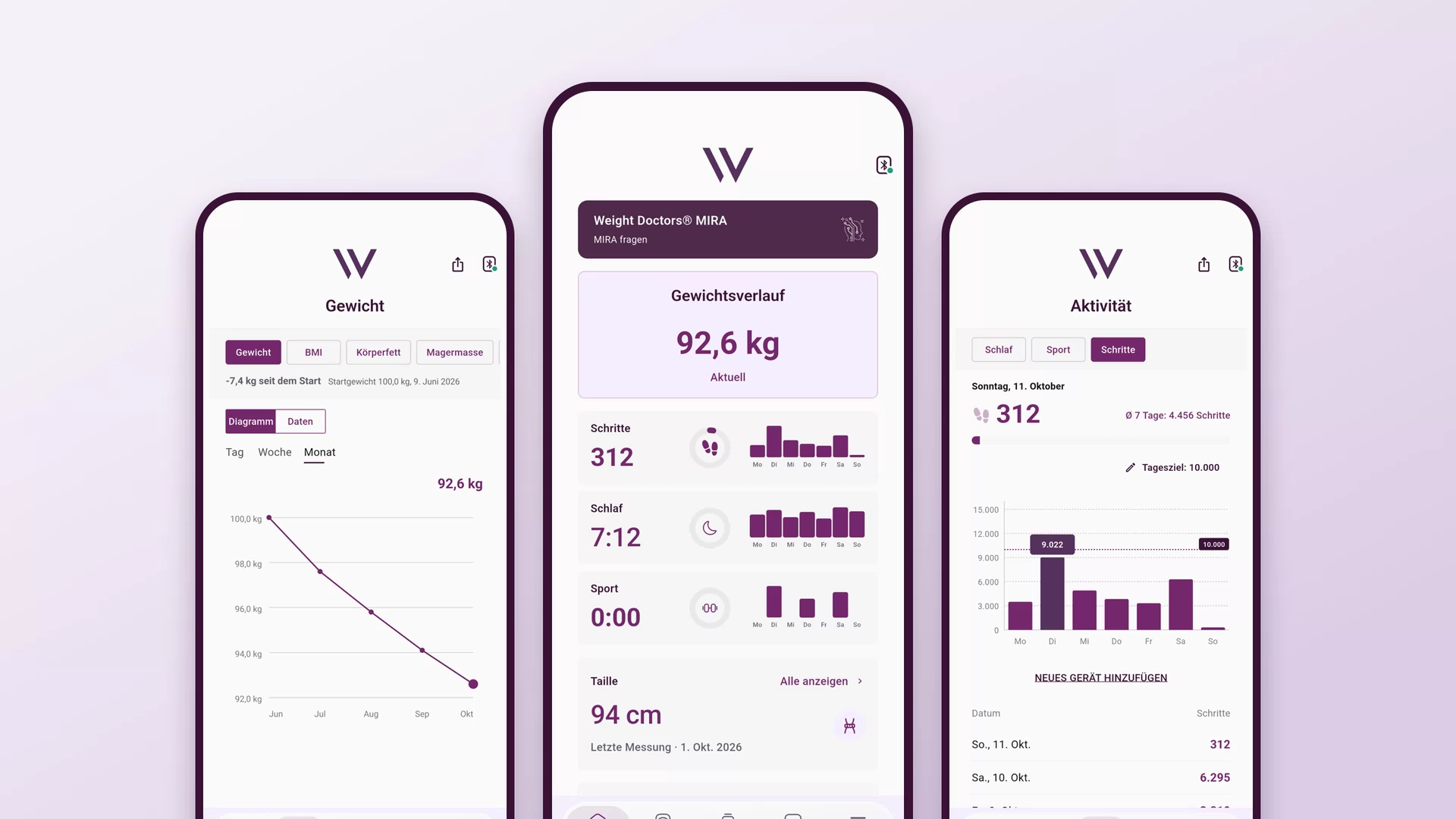 Trì seallaidhean de Weight Doctors® App: eachdraidh cuideim, duilleag-dachaigh agus gnìomhachd