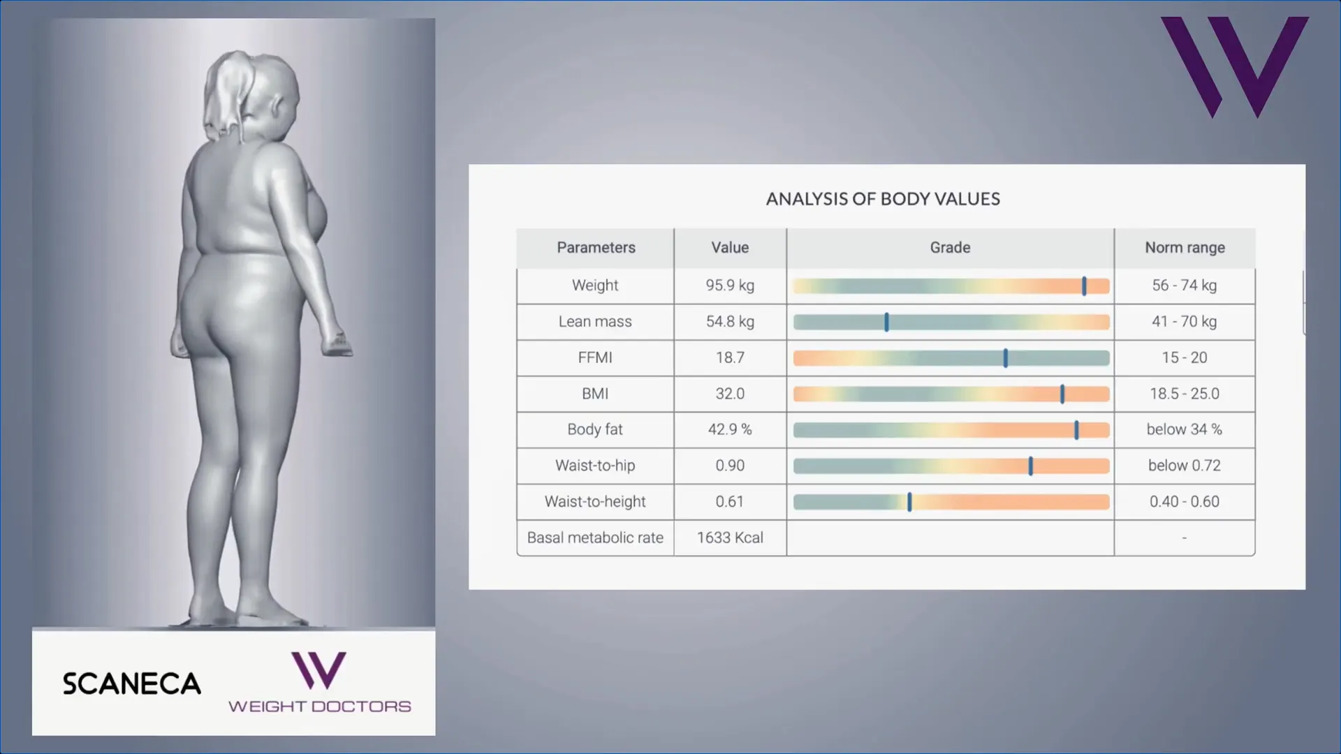 3D-Avatar aus dem Weight Doctors® 3D-Bodyscan mit Auswertung der Körperwerte